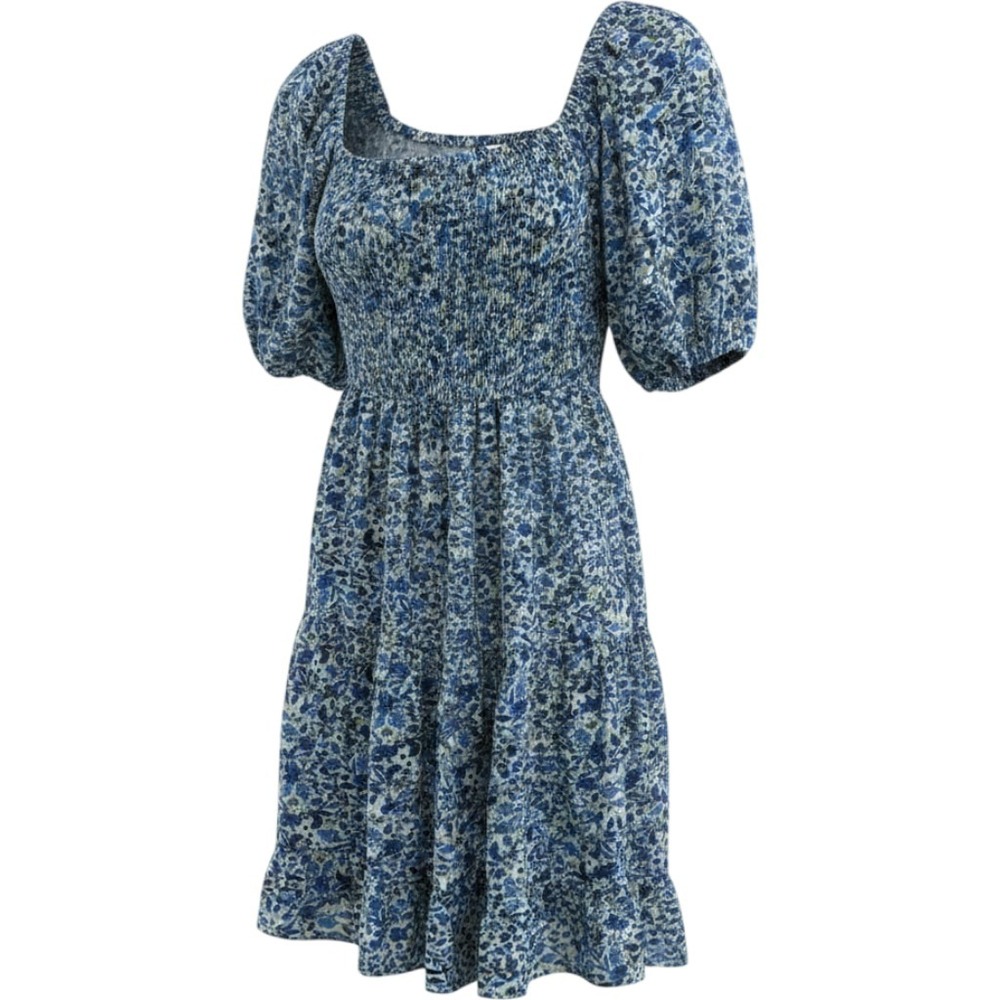 Wild Fable Blue Floral Smocked Puff Sleeve Mini Dress Women Medium Tiered Rayon
